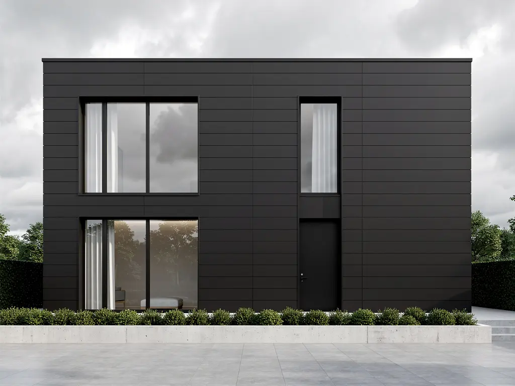 Maison récente au bardage composite gris anthracite aux angles nets
